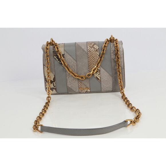 Prada Crocodile Python Suede Leather Exotic Skin Patchwork Flap Shoulder Bag - Picture 14 of 16